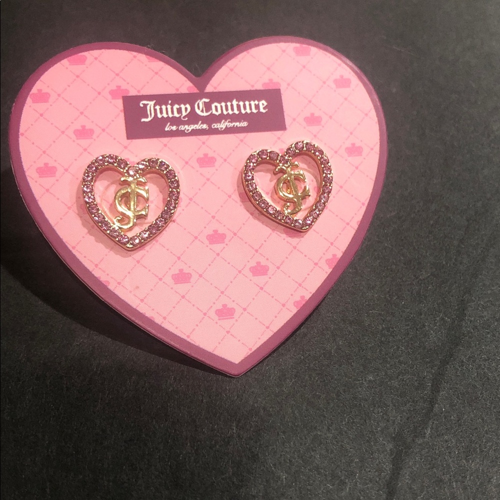 Juicy Couture pink gemstone adorned JC logo heart shaped love earrings brand new